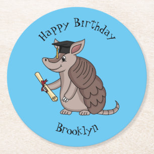 Cute armadillo with graduation cap cartoon round paper coaster
