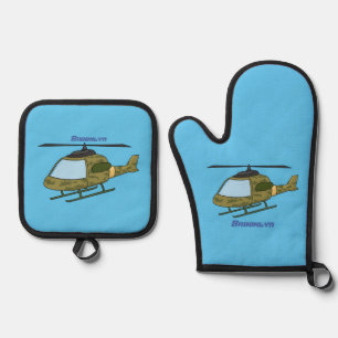 Cute army camoflage helicopter cartoon oven mitt & pot holder set