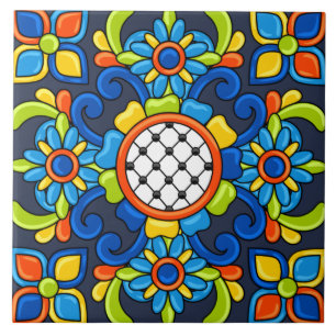 Cute Art Deco Abstract Blue Floral Pattern Tile