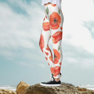 Cute Art Red White Poppy Bold Floral Watercolor Leggings