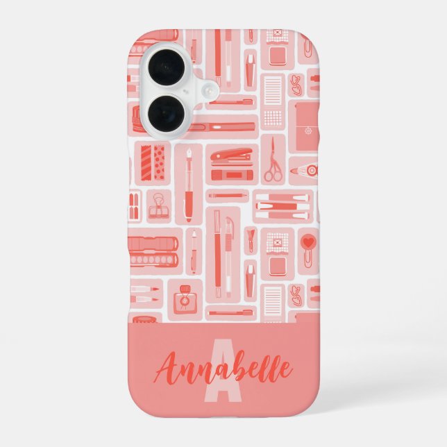 Cute Art Supplies Coral Red Pattern Monogram iPhone 16 Case (Back)
