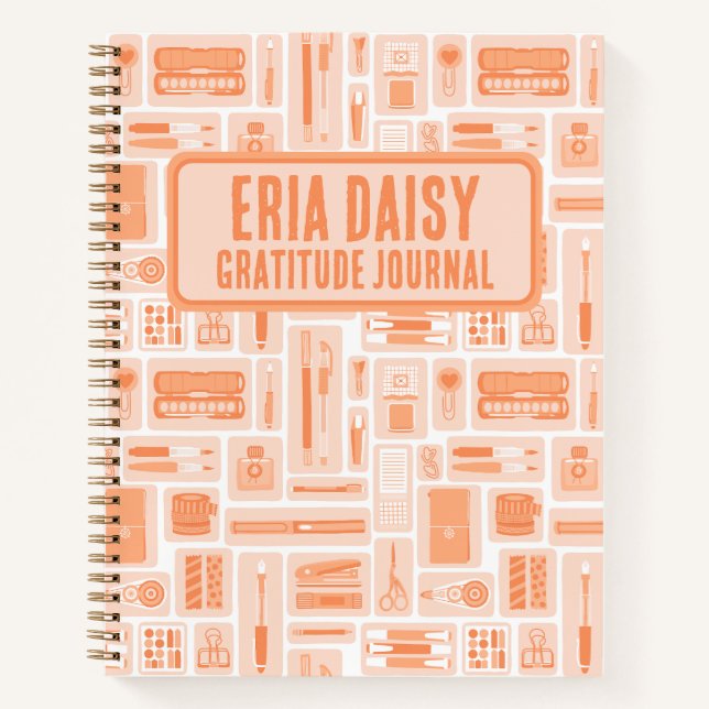 Cute Art Supplies Pattern Peach Orange Monogram Notebook (Front)