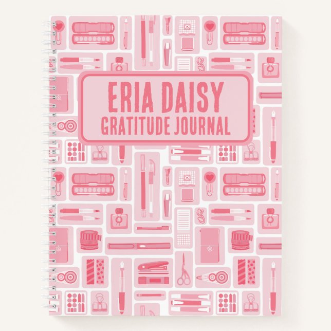 Cute Art Supplies Pattern Pink Monogram Notebook (Front)