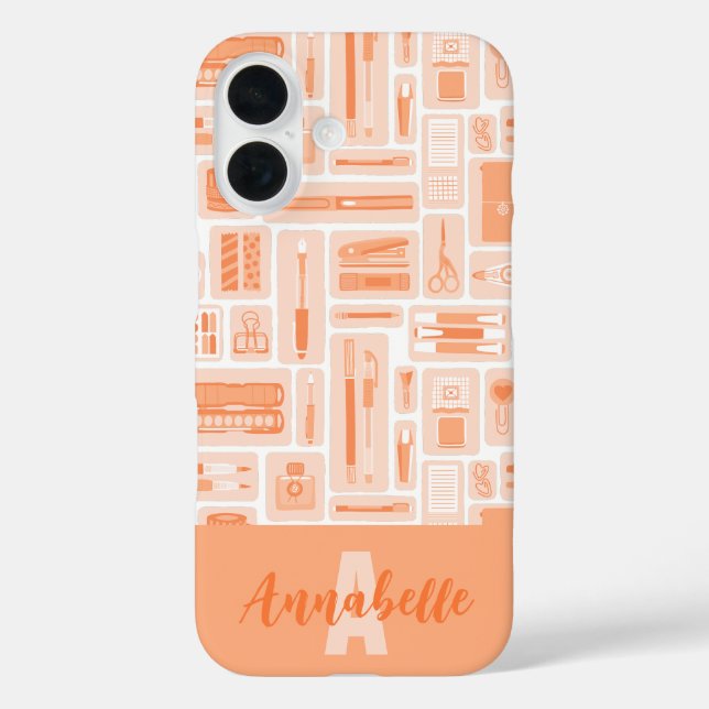 Cute Art Supplies Peach Orange Pattern Monogram Case-Mate iPhone Case (Back)