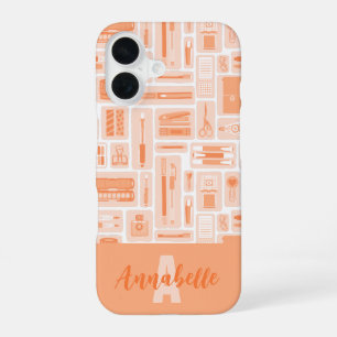 Cute Art Supplies Peach Orange Pattern Monogram iPhone 16 Case