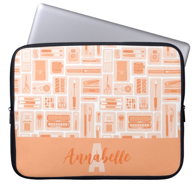 Cute Art Supplies Peach Orange Pattern Monogram Laptop Sleeve (Front)