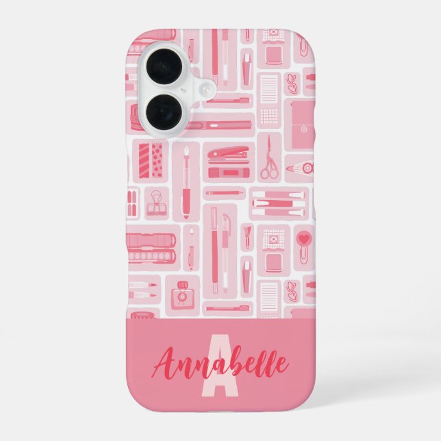 Cute Art Supplies Pink Pattern Monogram iPhone 16 Case (Back)