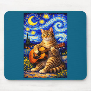 Cute Art Tabby Cat Playing Guitar Whimsical Mouse Pad