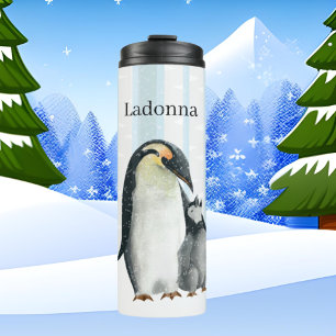 cute artic penguin lovers add name thermal tumbler