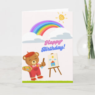 Cute Artist Bear Birthday Card - Rainbow Painting