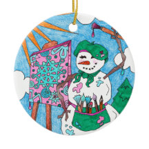 Cute Artist Snowman Holiday Christmas Ceramic Orna