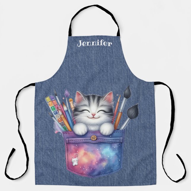 Cute Artist Tabby Cat All-Over Print Apron (Front)