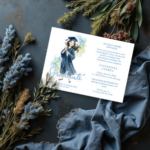 Cute Artistic Blue Girl Graduation Watercolor Invitation