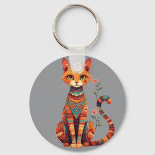 Cute Artistic Cat with Floral Branch Key Ring