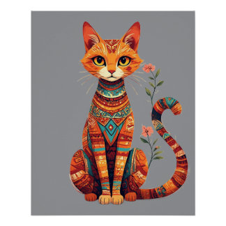 Cute Artistic Cat with Floral Branch Poster