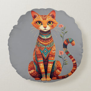 Cute Artistic Cat with Floral Branch Round Cushion