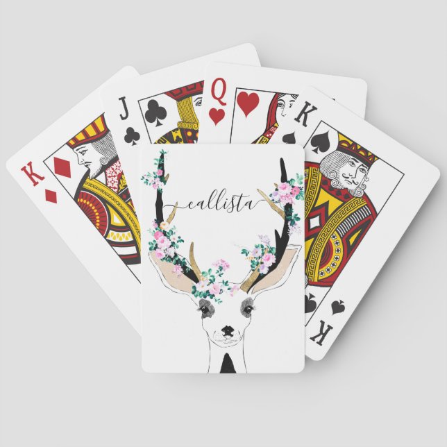 Cute Artsy Pink Floral Deer Animal Illustration Playing Cards (Back)