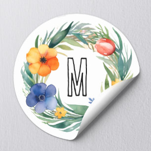 Cute Artsy Watercolor Colourful Flowers Monogram  Classic Round Sticker