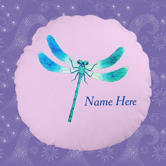 Cute as a Bug Blue Green Dragonfly on Pink Round Cushion (Creator Uploaded)