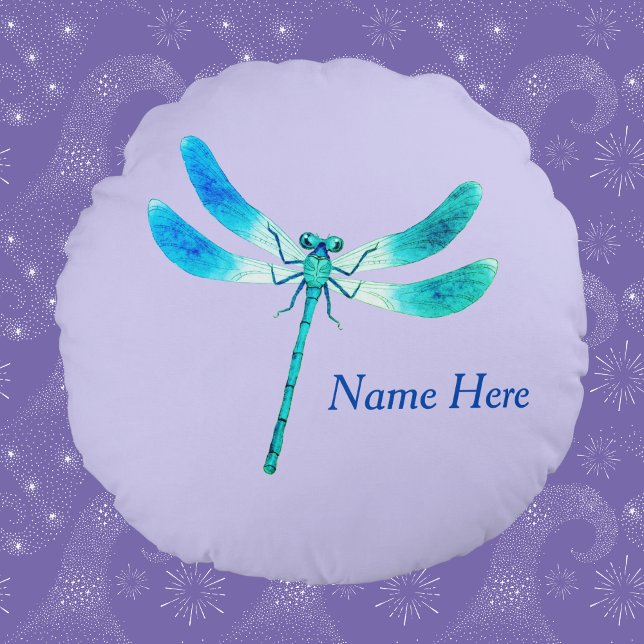 Cute as a Bug Blue Green Dragonfly on Violet Round Cushion (Creator Uploaded)