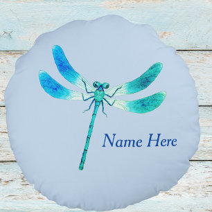 Cute as a Bug Blue Green Dragonfly Round Cushion