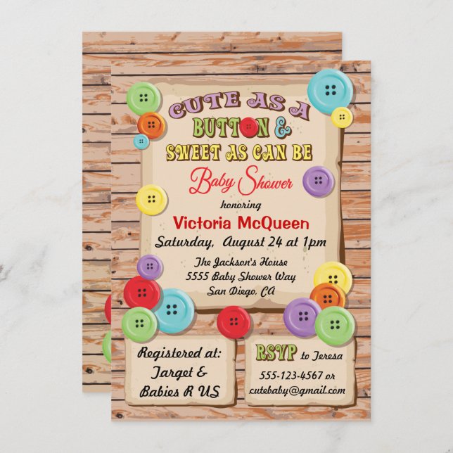 Cute as a Button Baby Shower Invitation (Front/Back)