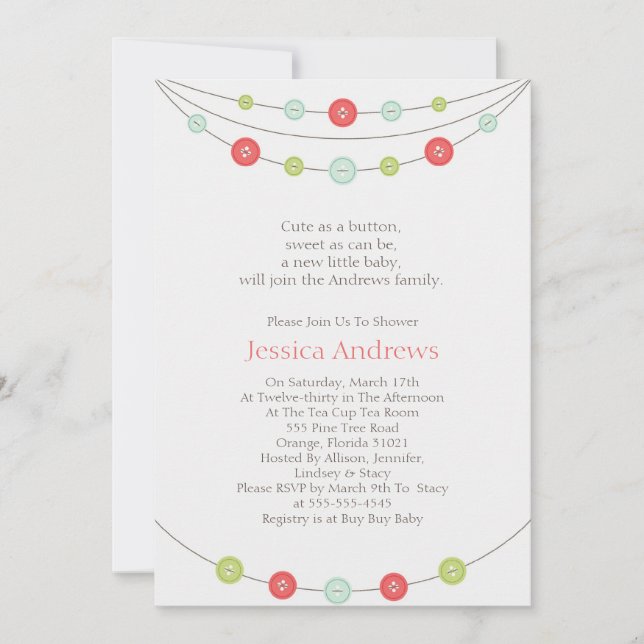 Cute as a Button Baby Shower Invitation (Front)