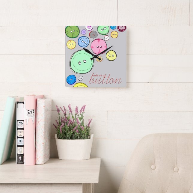 Cute as a Button Colourful Digital Illustration Square Wall Clock (Reading Room)