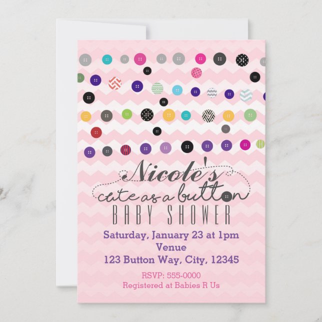 CUTE AS A BUTTON Pink Baby Shower Invitations (Front)