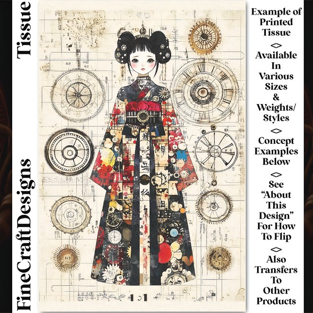 Cute Asian Clockpunk Doll in Kimono CK6 Decoupage Tissue Paper (Creator Uploaded)