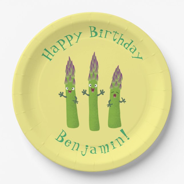Cute asparagus singing vegetable trio cartoon paper plate (Front)