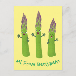 Cute asparagus singing vegetable trio cartoon postcard