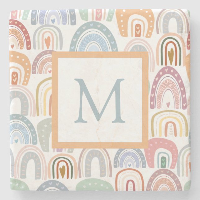 Cute Assorted Rainbow Pattern Monogram Stone Coaster (Front)