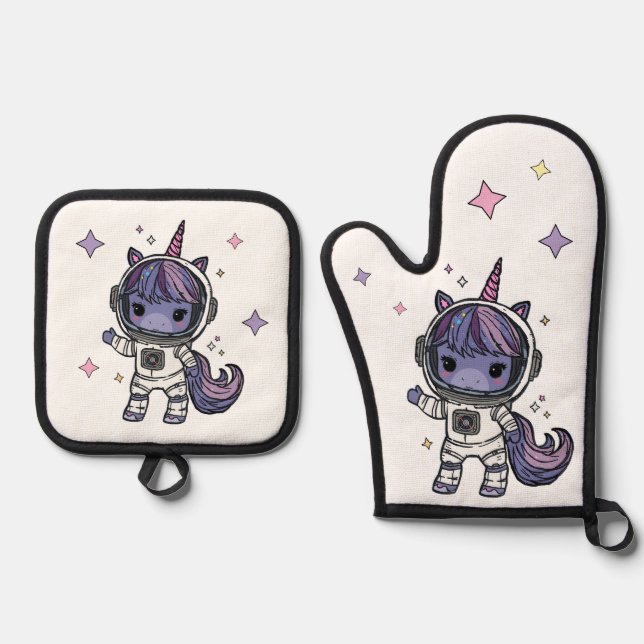 Cute Astro Unicorn Oven Mitts Mitt & Pot Holder Set (Front)