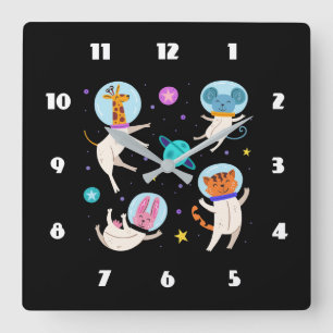 Cute Astronaut Animals Floating in Space Square Wall Clock