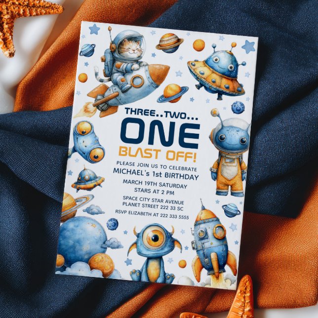 Cute Astronaut Cat Blast Off Space 1st Birthday Invitation (Creator Uploaded)