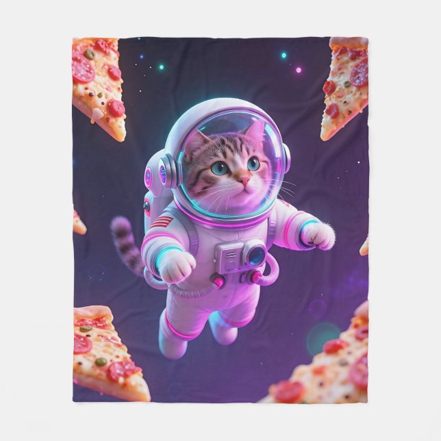 Cute Astronaut Cat Floating Pizza Space Adventure Fleece Blanket (Front)