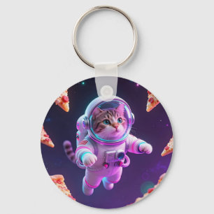 Cute Astronaut Cat Floating Pizza Space Adventure Key Ring