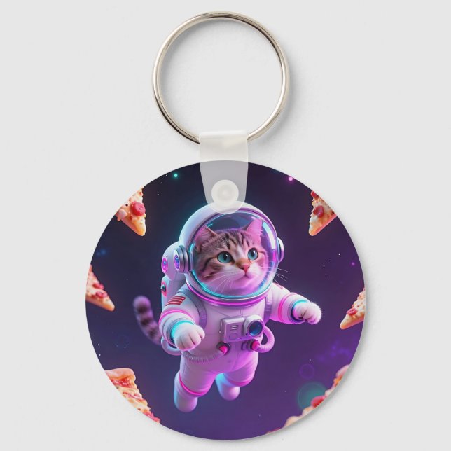 Cute Astronaut Cat Floating Pizza Space Adventure Key Ring (Front)