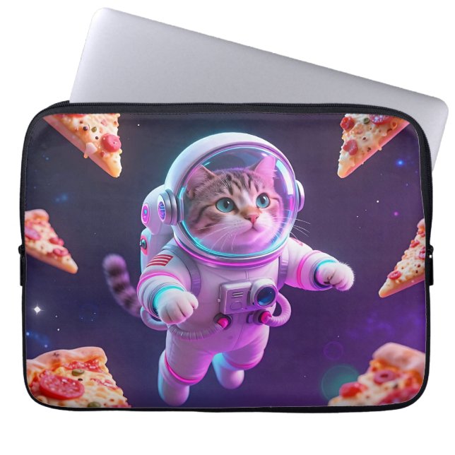 Cute Astronaut Cat Floating Pizza Space Adventure Laptop Sleeve (Front)