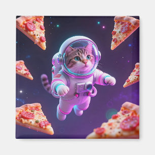 Cute Astronaut Cat Floating Pizza Space Adventure Magnet