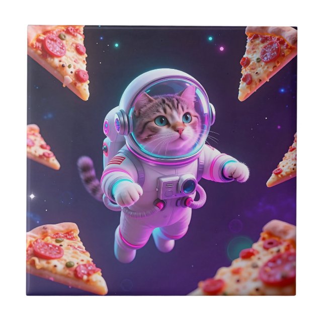 Cute Astronaut Cat Floating Pizza Space Adventure Tile (Front)