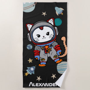 Cute astronaut cat in space  beach towel