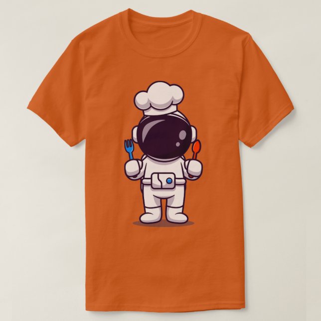 Cute Astronaut Chef With Fork And Spoon Cartoon T-Shirt (Design Front)