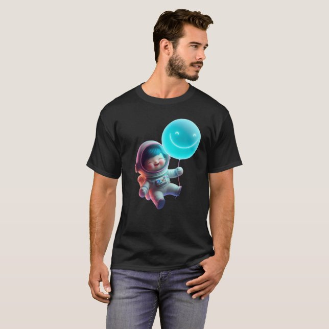 Cute Astronaut Floating in Galaxy - Neon Space AI T-Shirt (Front Full)