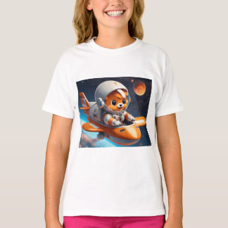 Cute Astronaut Flying with Plane Orange and Grey T-Shirt