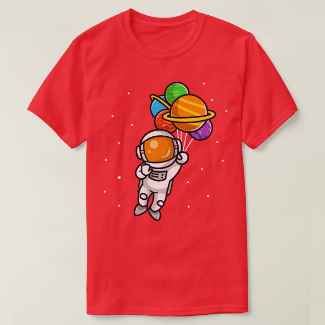Cute Astronaut Flying With Planet Balloons In Spac T-Shirt (Design Front)
