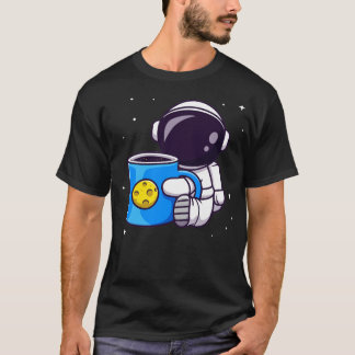Cute Astronaut Holding Cup Coffee Space Cartoon T-Shirt