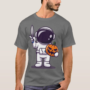 Cute Astronaut Holding Knife And Pumpkin Cartoon T-Shirt