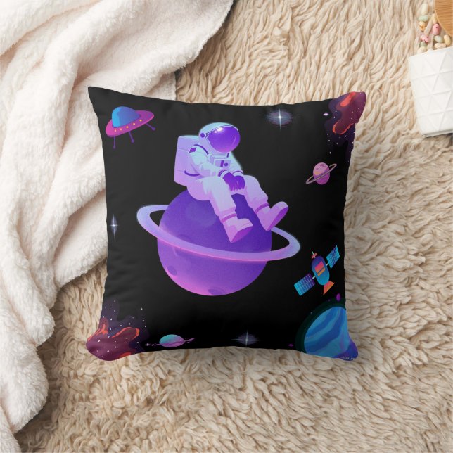 Cute Astronaut on Planet Throw Pillow (Blanket)